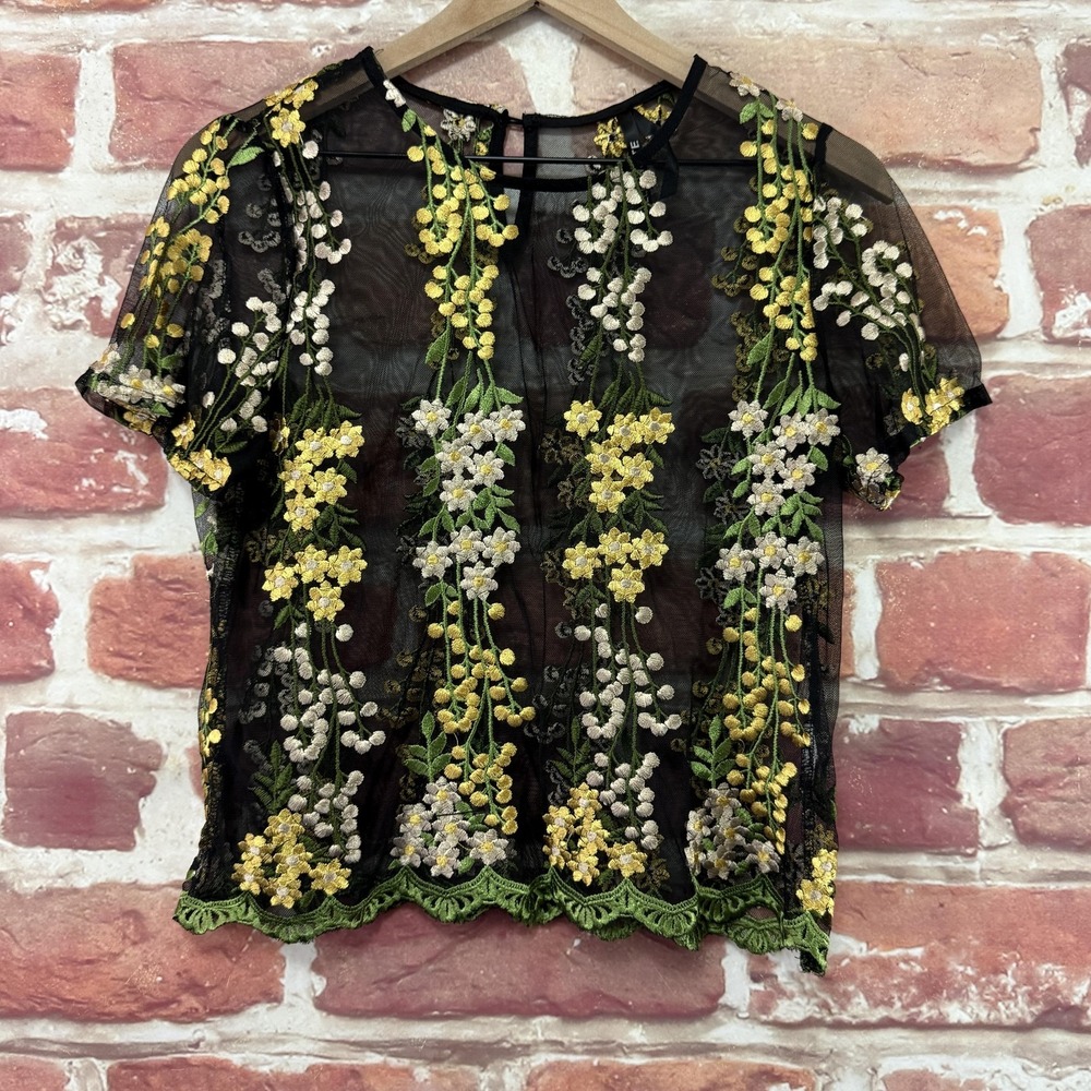 Elli White Top Womens L Black Embroidered Floral Lace Mesh Scalloped Sheer Shirt